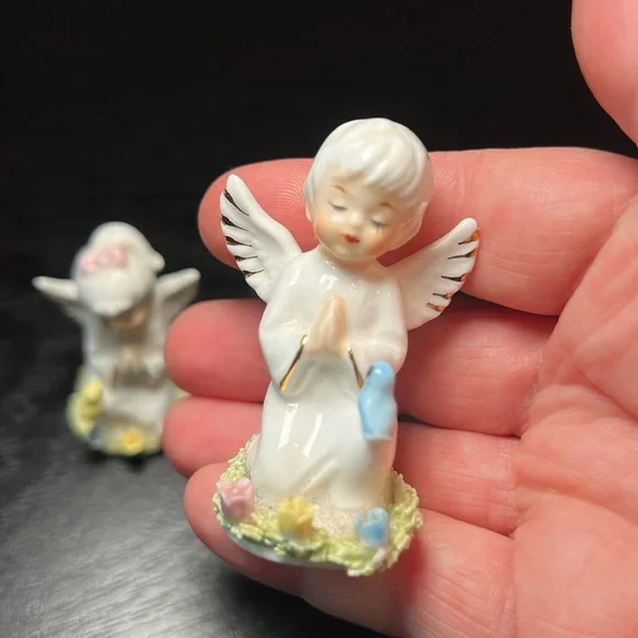 Napcoware Praying Angel Miniature Figurines Boy Girl w/ Spaghetti & Birds Napco - Picture 7 of 8